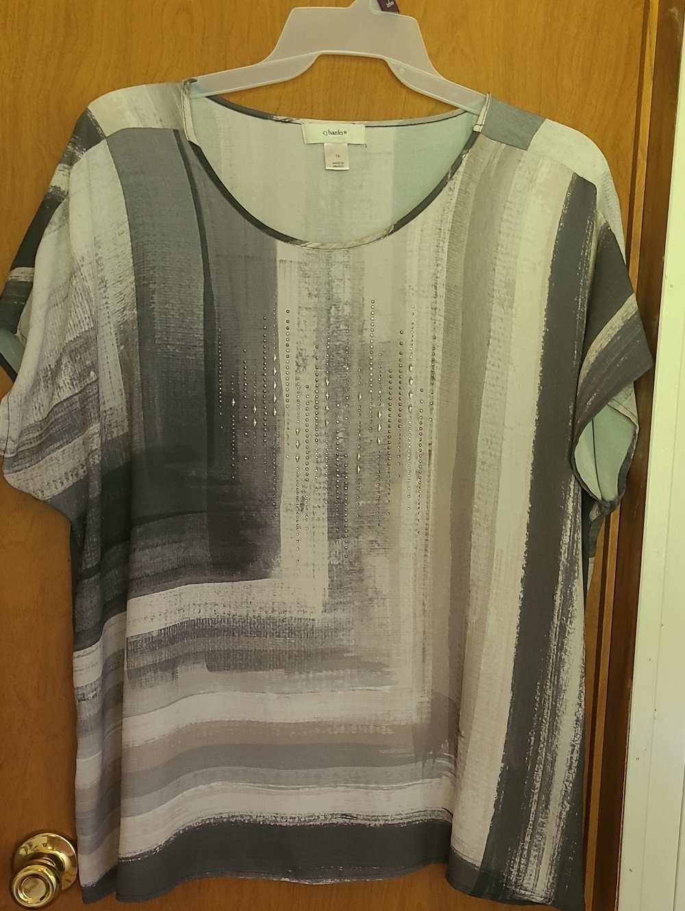 cjbanks Striped Short-Sleeve Blouse in Gray and Cream with Subtle Rhinestones